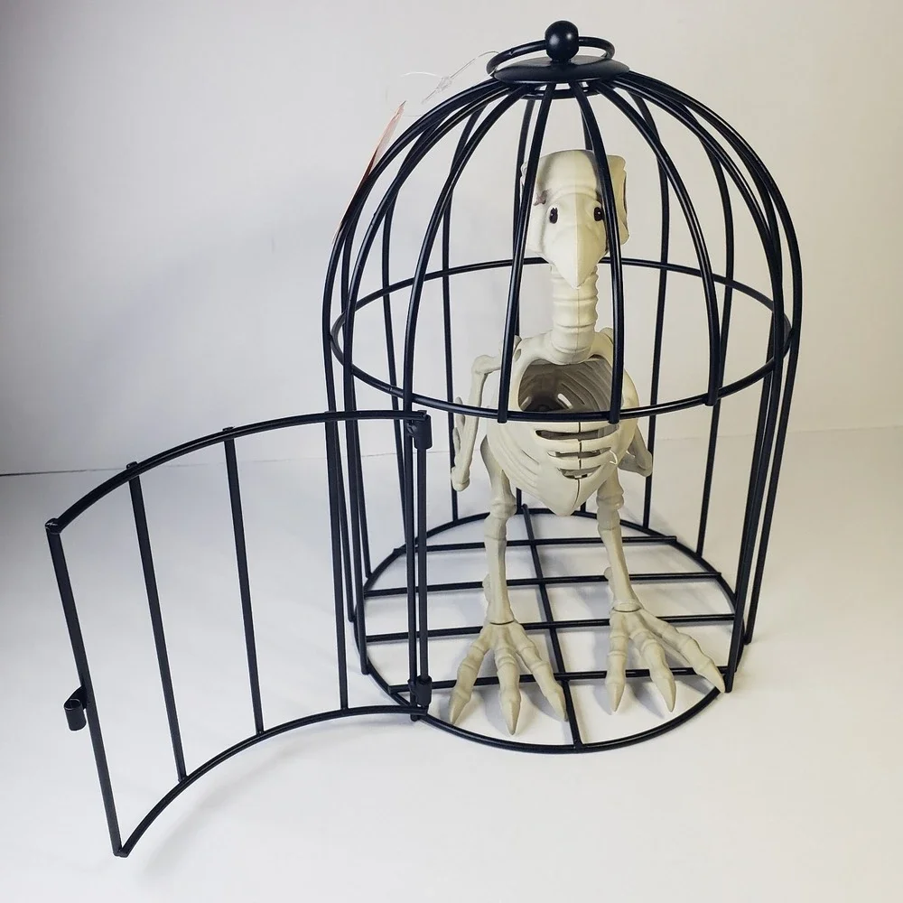 Halloween Decoration Skeleton Bird in a Cage 9 Inches Tall NWT